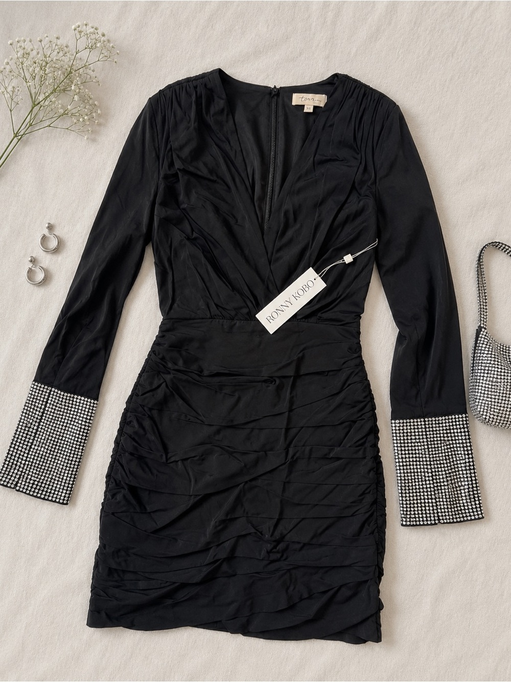 Ronny Kobo Black Crystal Cuff Ruched Mini Dress XS NWT